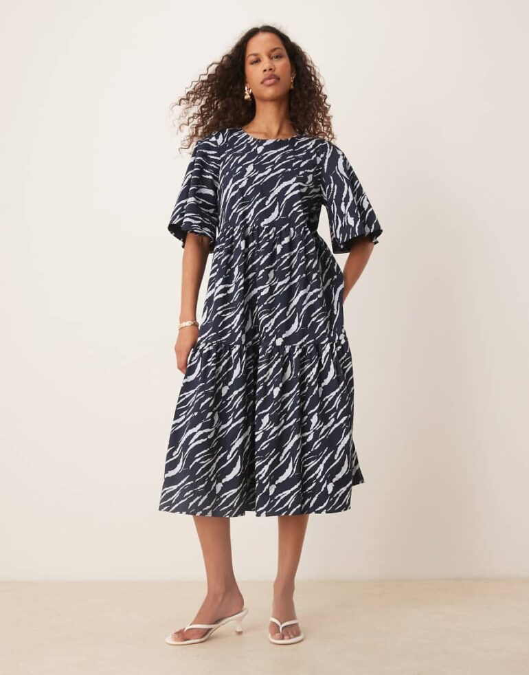 JDY tiered short sleeve midi dress in navy zebra print
