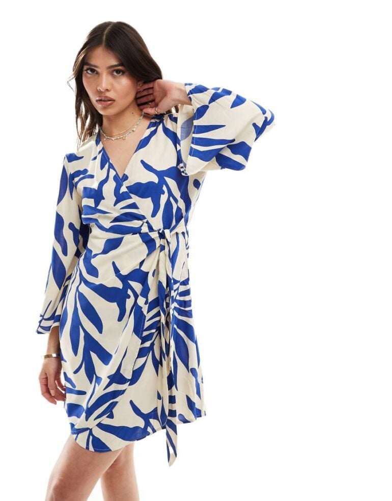 JDY wrap kimono dress beige with blue palm print-Multi