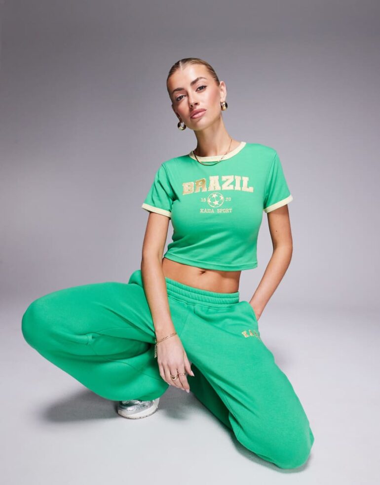 Kaiia sport contrast trim Brazil baby tee co-ord in green and yellow-Multi