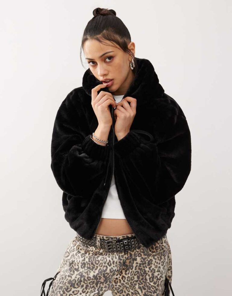 Karl Kani metal signature vegan fur zip hoodie jacket in black