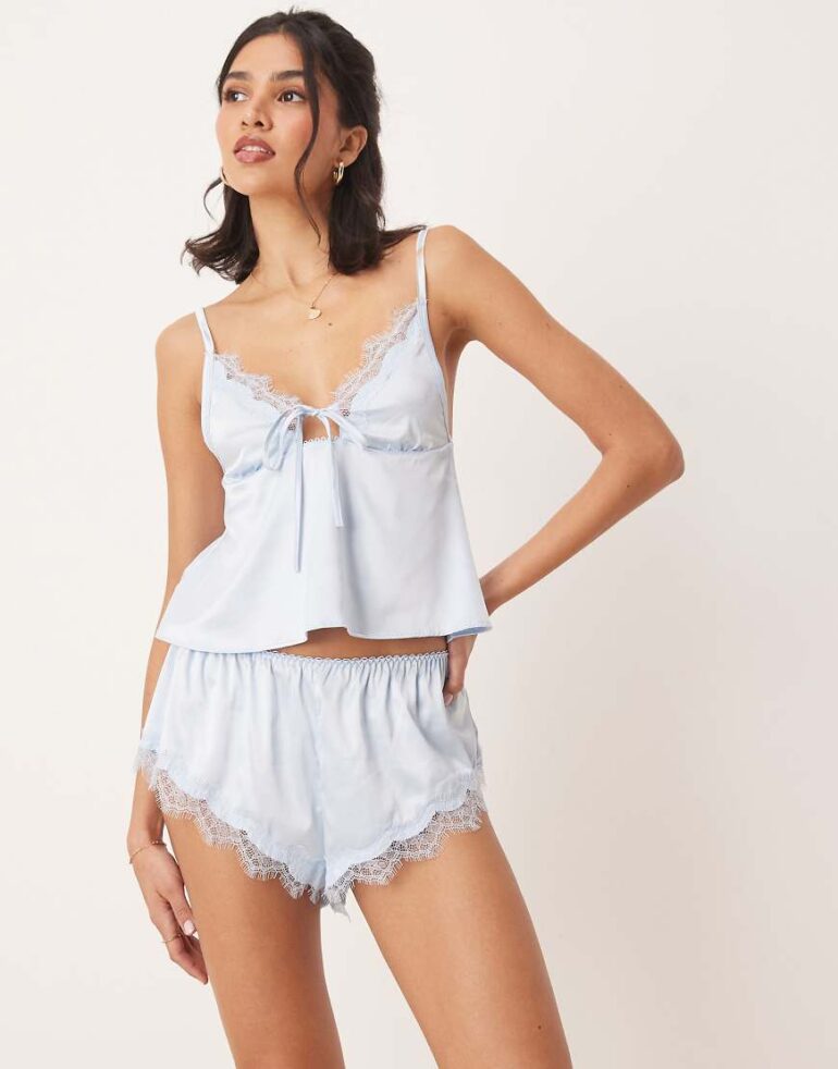 Kat The Label Sorrento satin lace shorts in ice blue