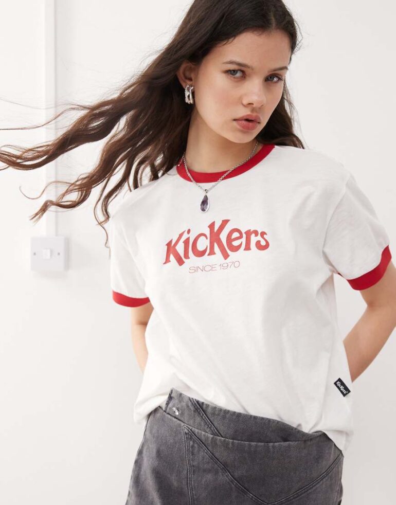 Kickers crop ringer tee with red kickers logo in white