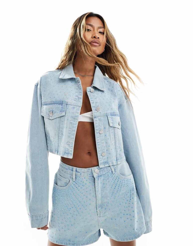 Kyo The Brand denim cropped diamante jacket co-ord in light blue wash