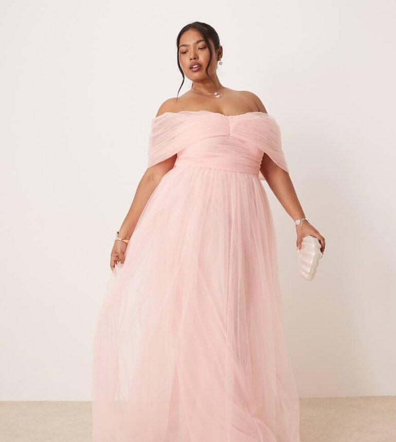 Lace & Beads Plus bow off shoulder tulle maxi dress in soft pink