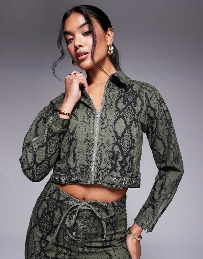 Liquor N Poker cropped jacket in co-ord khaki snake print-Green