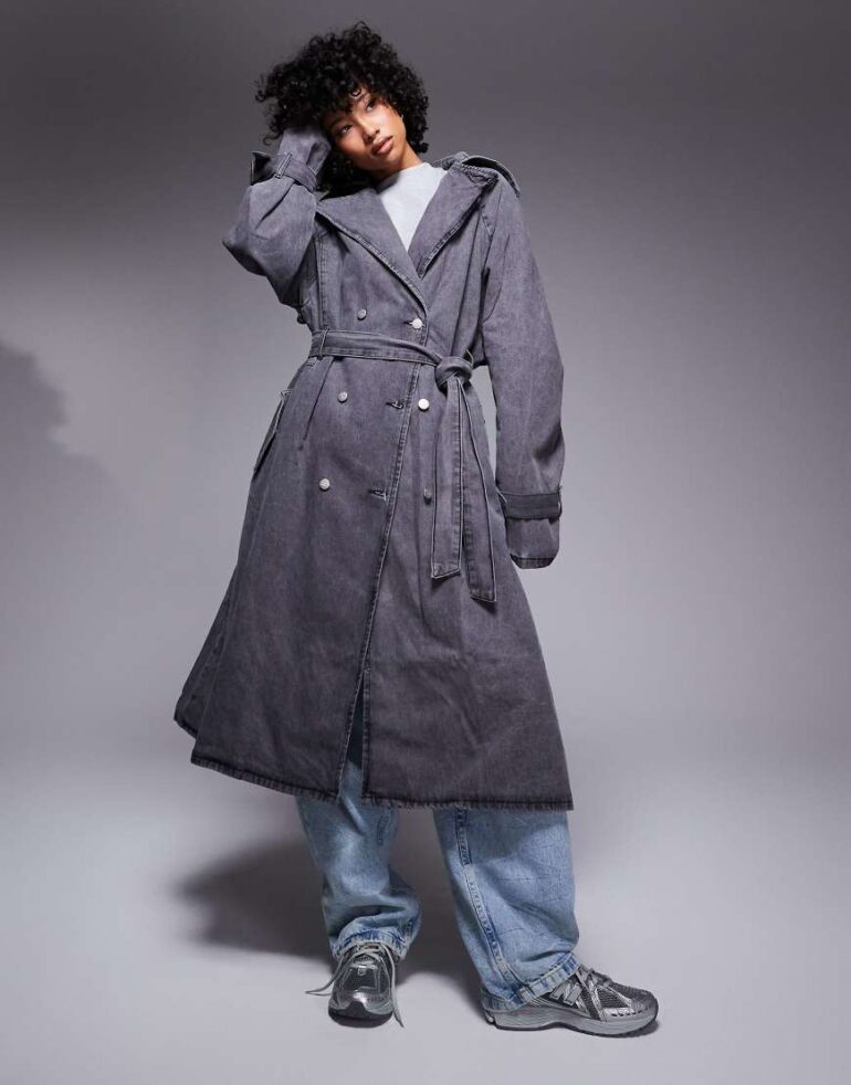 Liquor N Poker denim maxi trench coat with raw edges in grey