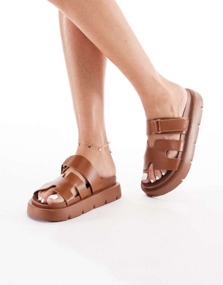 London Rebel double strap sandal in tan-Brown