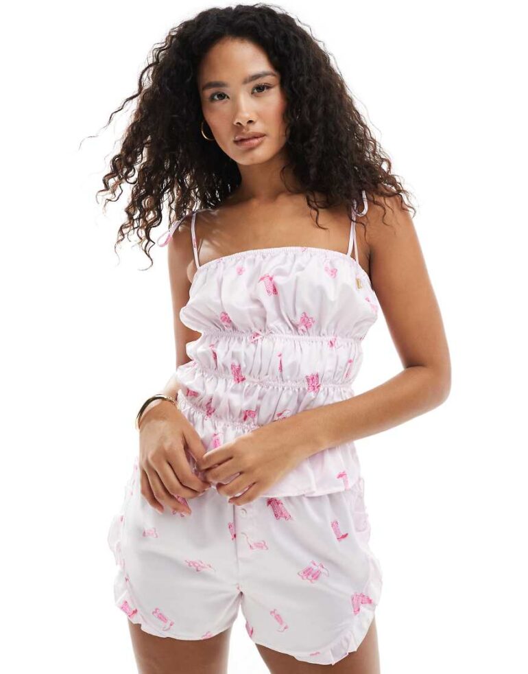 Loungeable Cowboy printed satin cami and ruffle short in pink