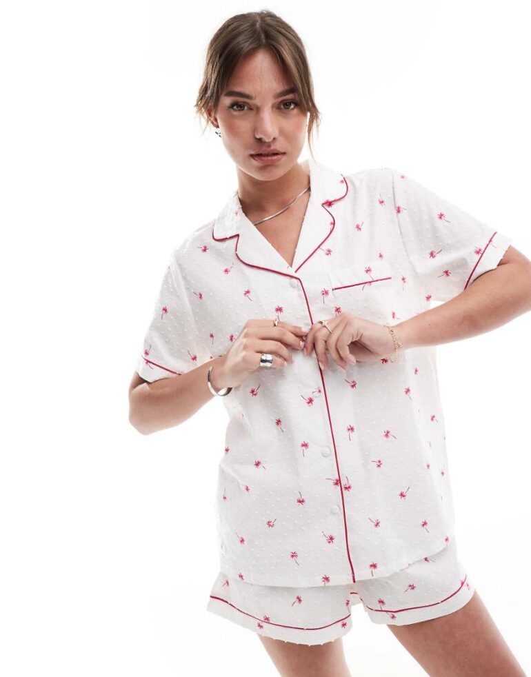 Loungeable Printed dobby short sleeve traditional shirt and short in white