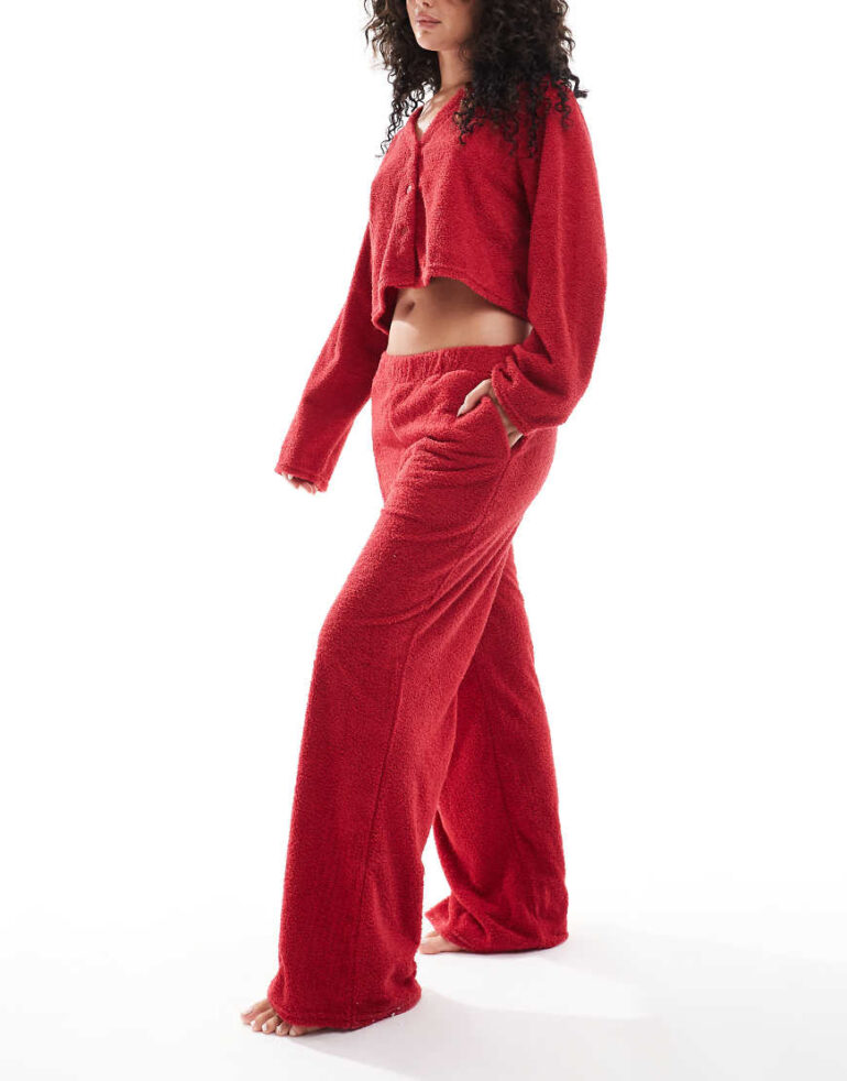 Loungeable Soft fuzzy wide leg pants in burgundy-Red