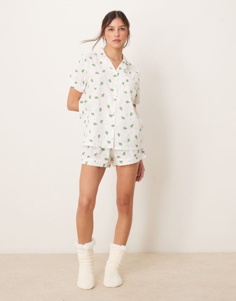 Loungeable cactus printed woven dobby short sleeve shirt & shorts pyjama set-Multi