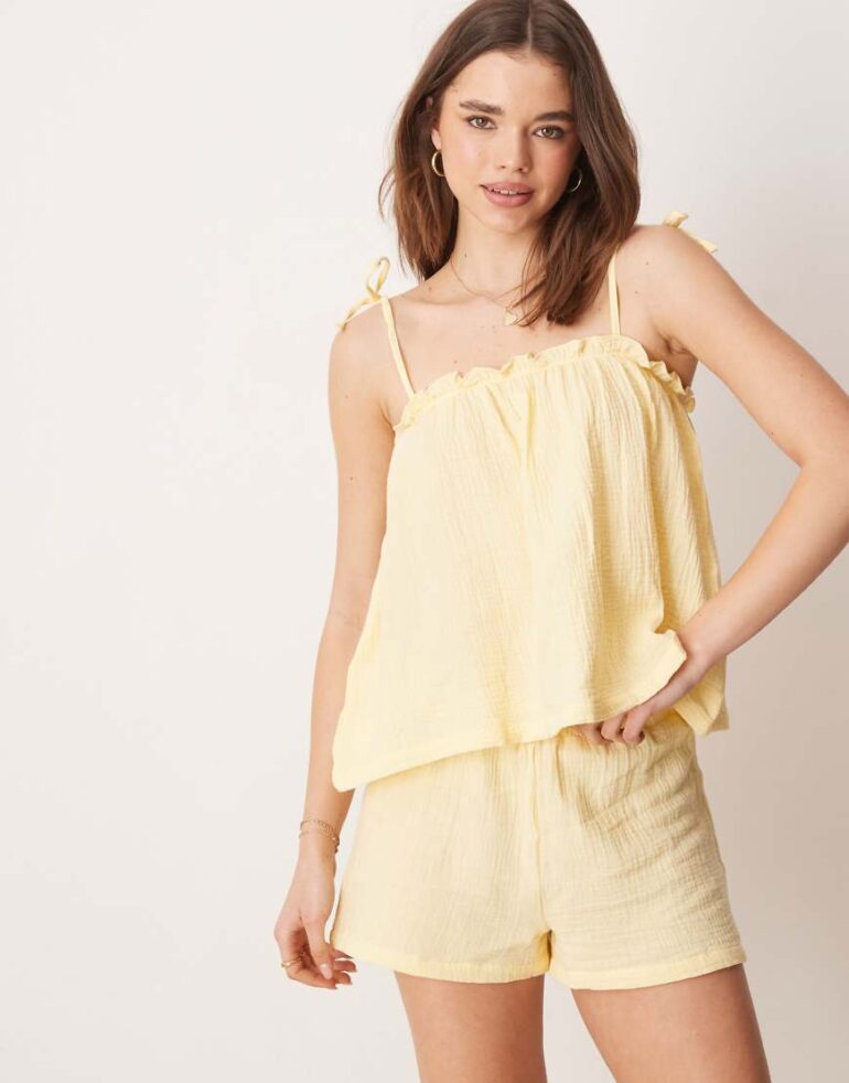 Loungeable crinkle cotton tie shoulder cami and short pyjama set in lemon yellow
