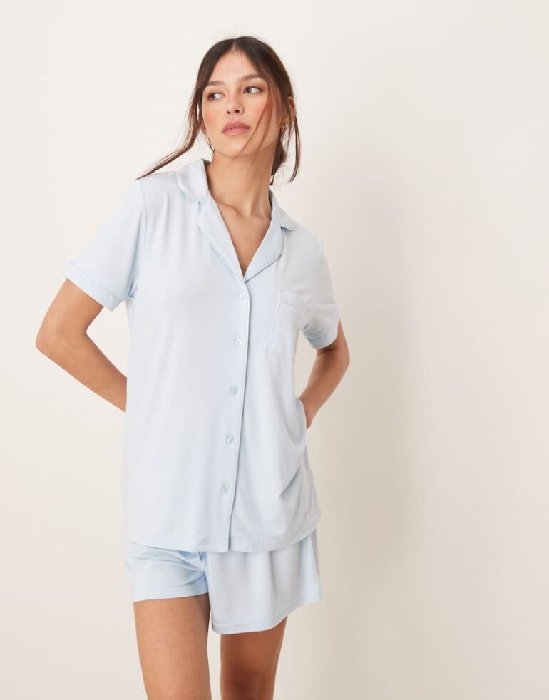 Loungeable jersey short sleeve shirt & shorts pyjama set in baby blue