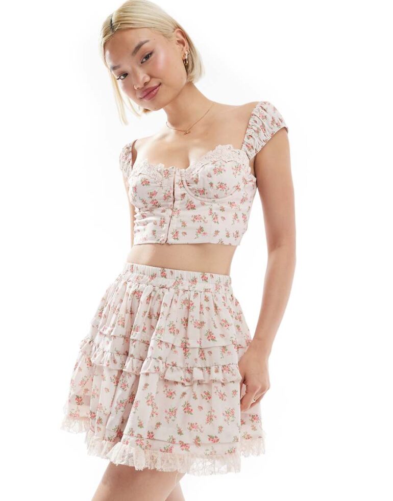 Love Triangle lace trim corset crop top co-ord in pink floral-Multi