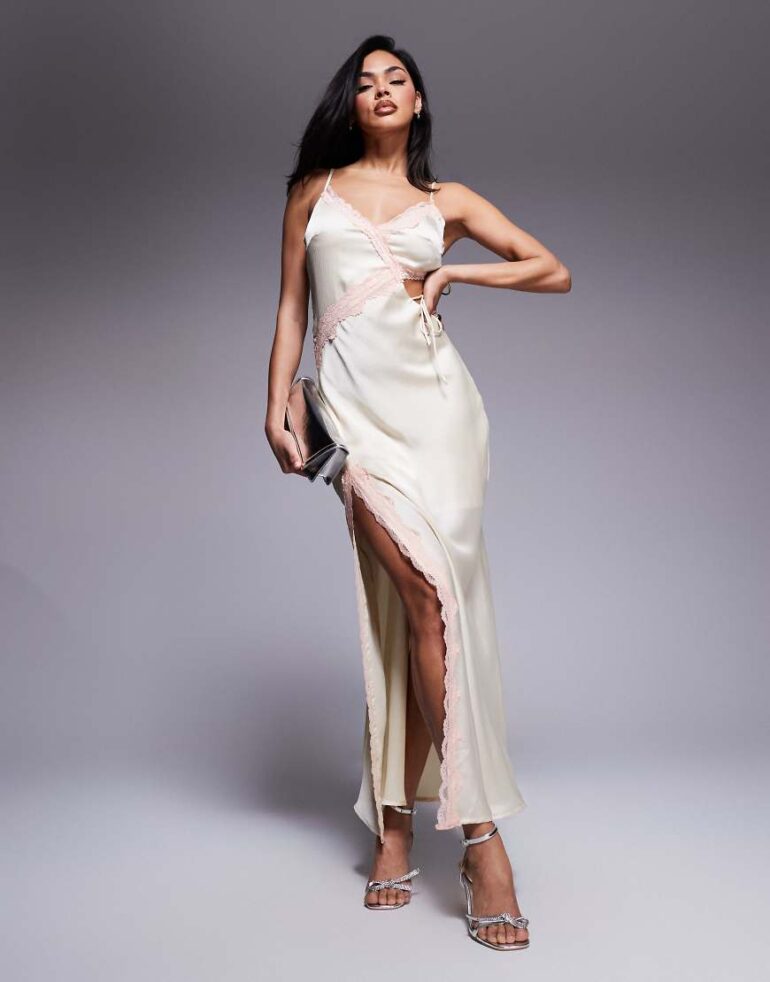 Love Triangle satin cut-out maxi dress with lace trim in apricot-Neutral