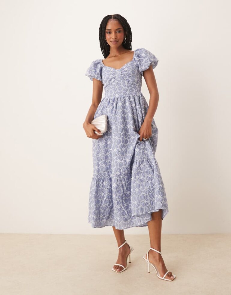 Lovedrobe Short puff sleeve midi dress in blue