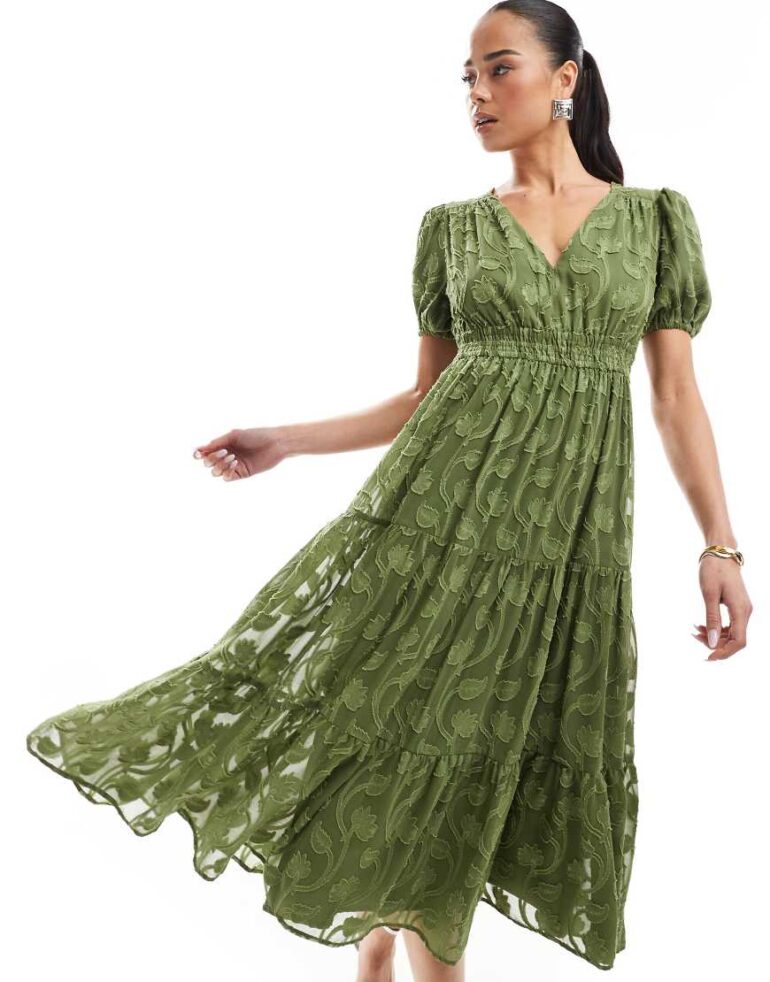 Lovedrobe Short sleeve floral burn out midi dress in khaki-Green