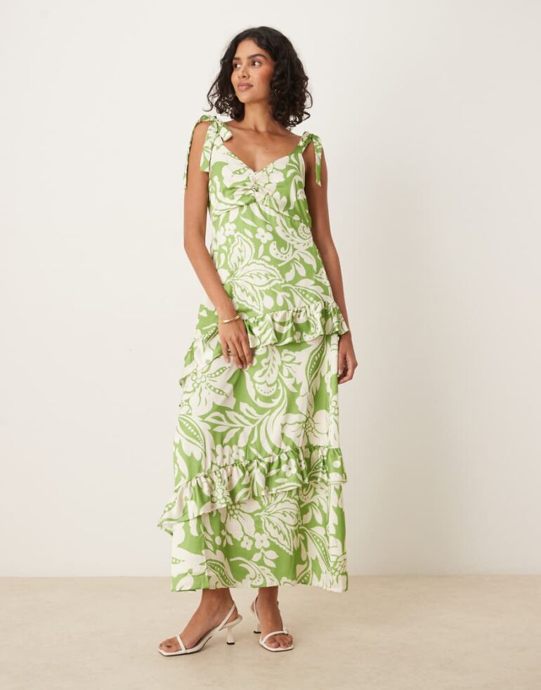 Lovedrobe Tie shoulder ruffle midaxi dress in green