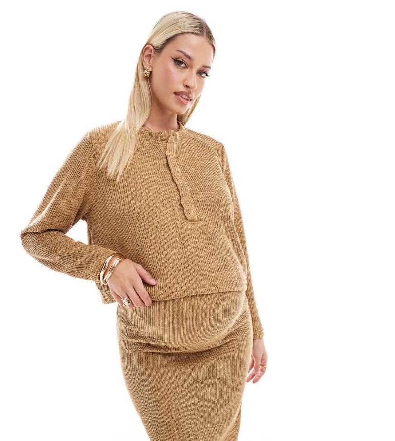 Mamalicious Maternity cropped henley top co-ord in mustard-Yellow