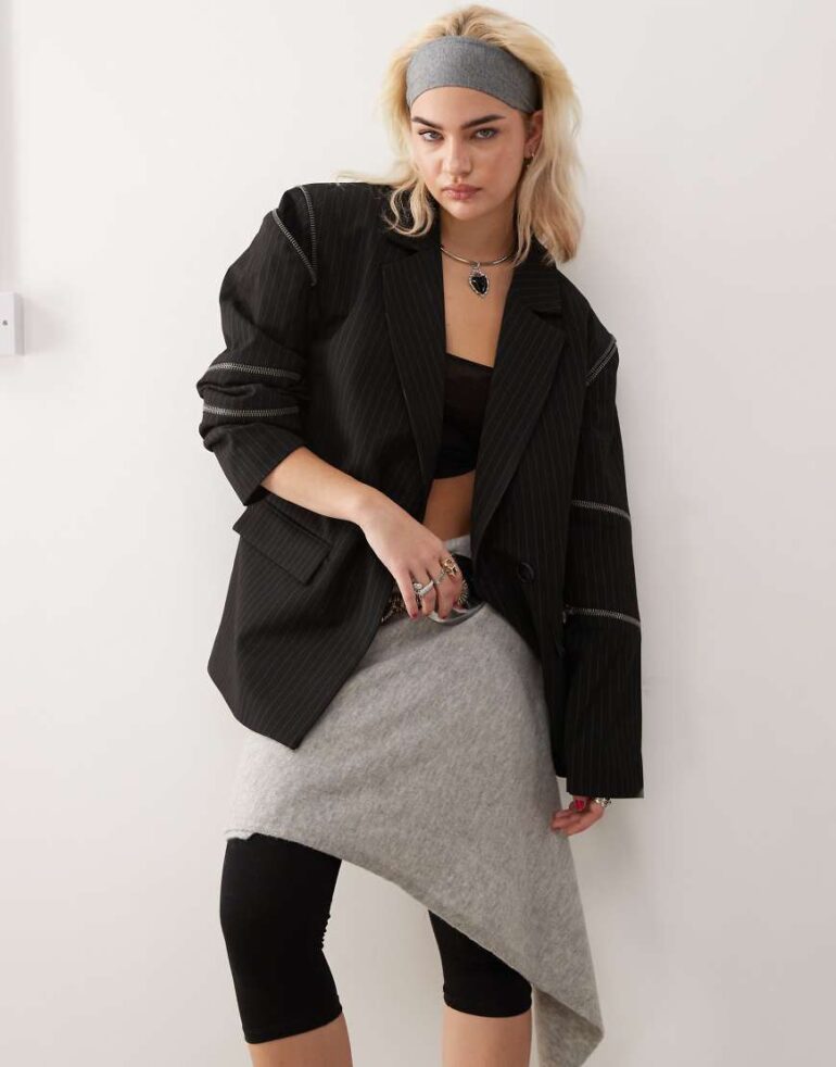 Minga London pinstripe multi zipper blazer in black