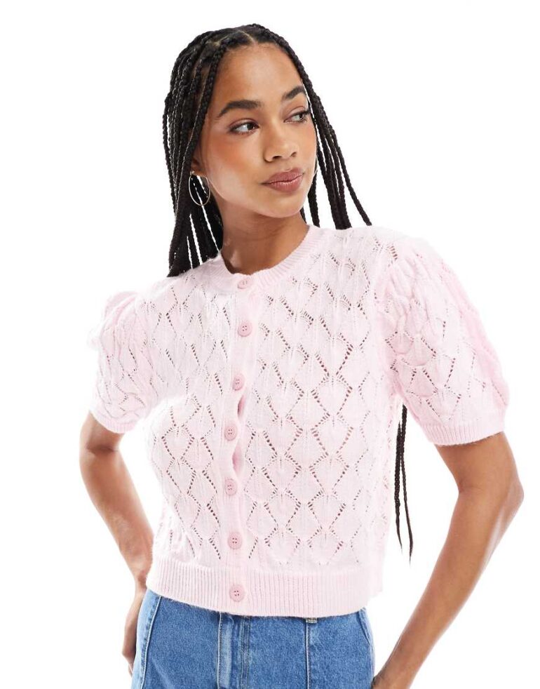 Miss Selfridge knitted pointelle puff short sleeve button up top in pink