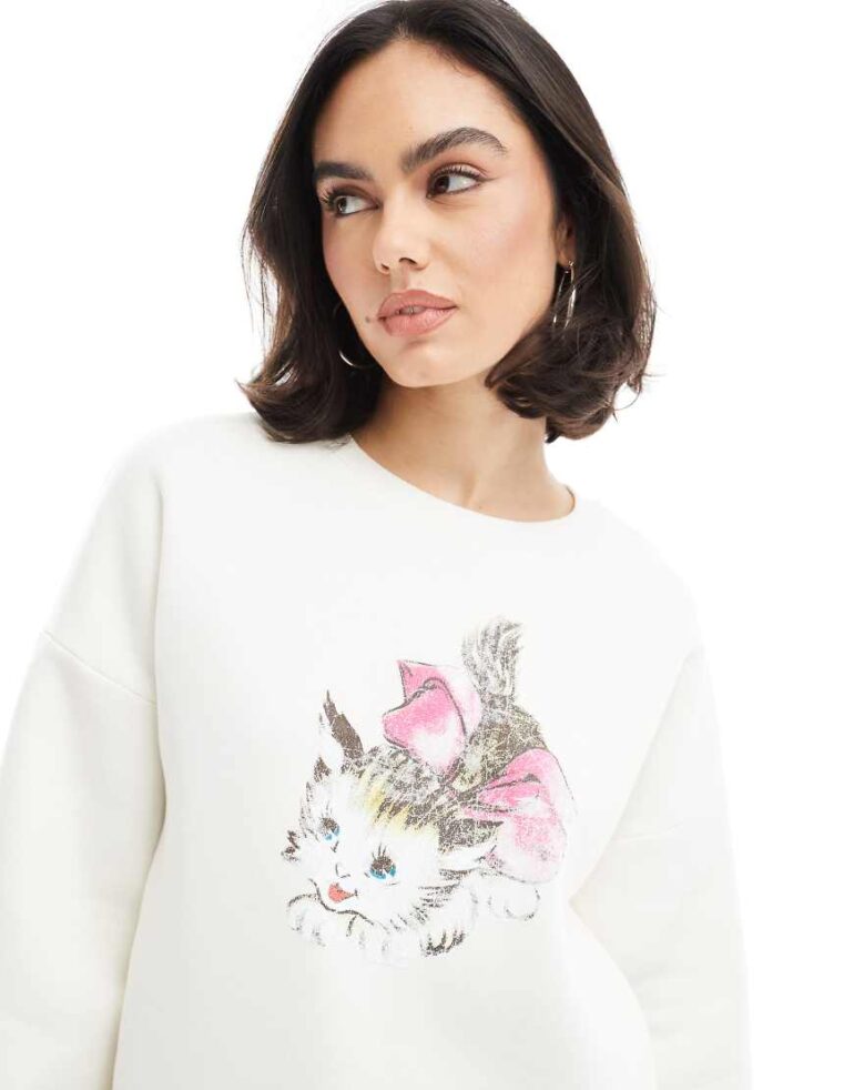 Miss Selfridge oversized cute cat bow sweatshirt-Neutral