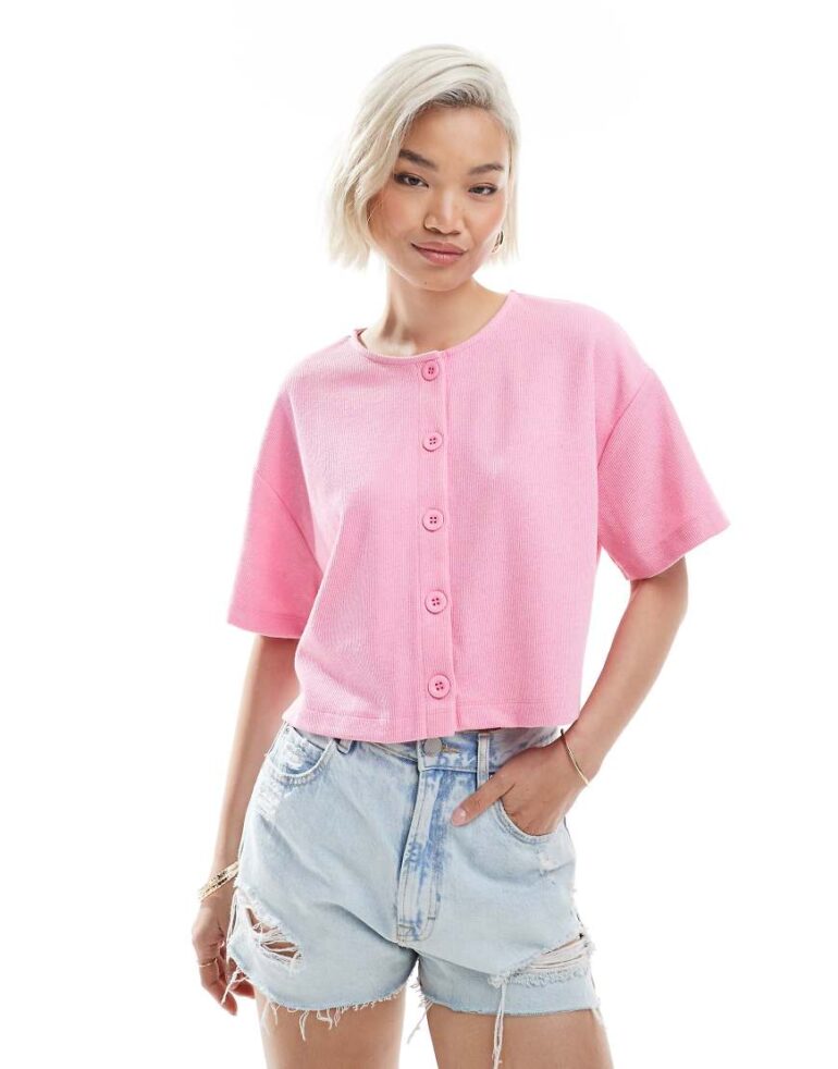 Miss Selfridge ribbed button up short sleeve cardigan in light pink