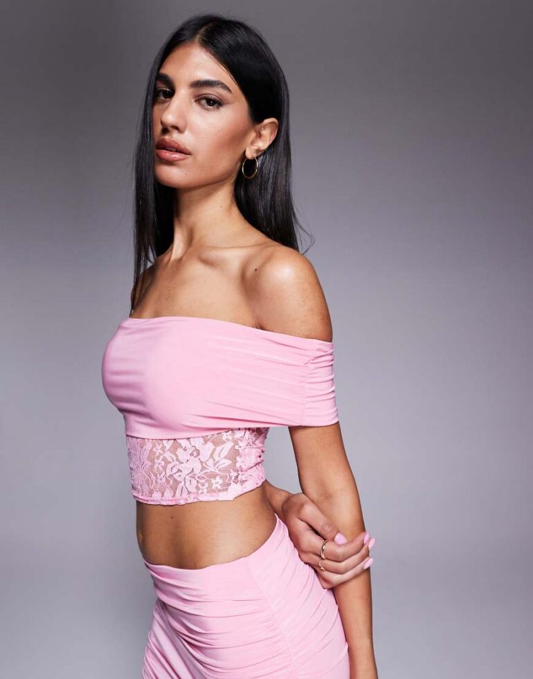 Missyempire double sculpted slinky deep bardot lace top co-ord in pink