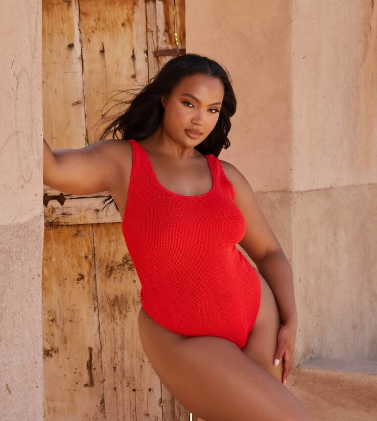 Moda Minx Curve X Bernadette Afia scoop scrunch swimsuit in red