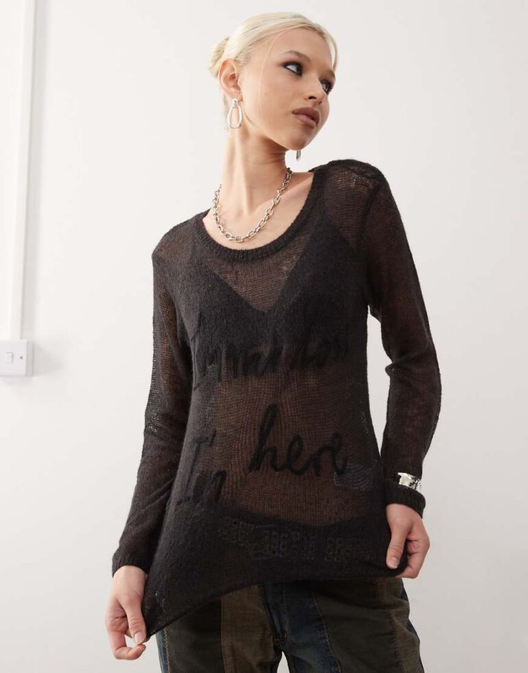 Monki long sleeve graphic sheer knit top in dark grey