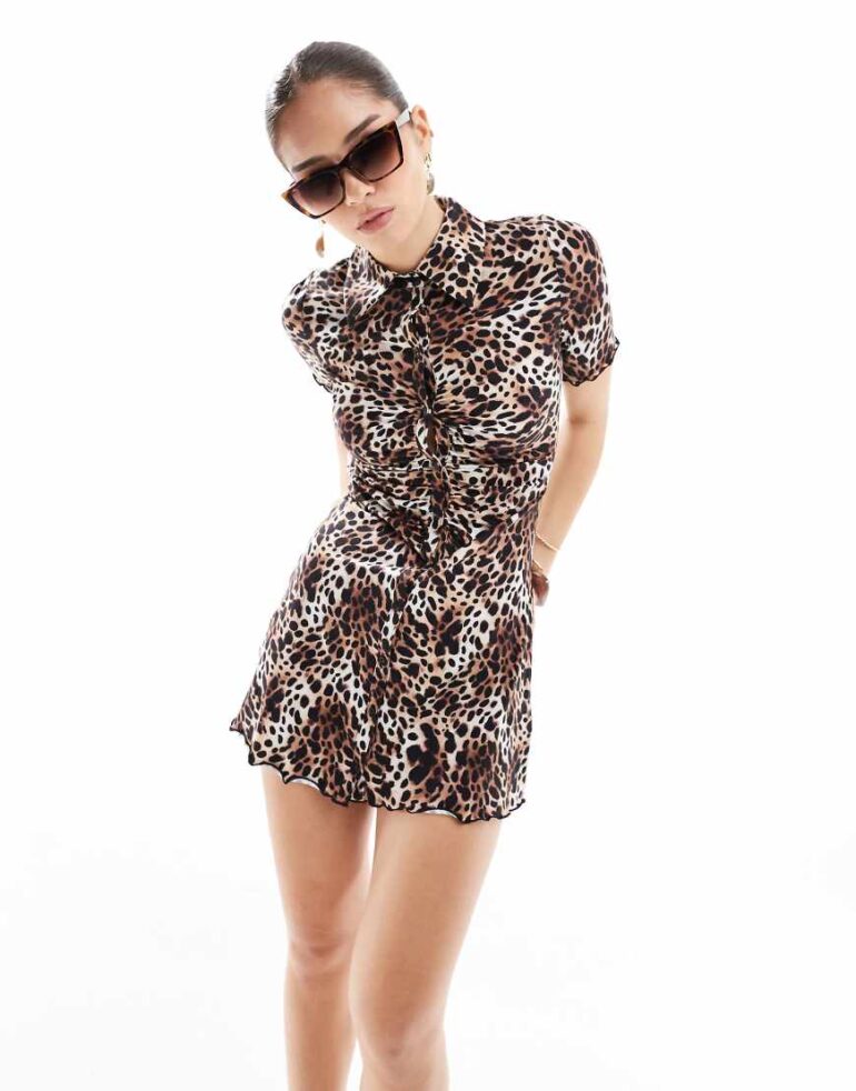 Monki ruche front shirt dress in leopard print-Multi