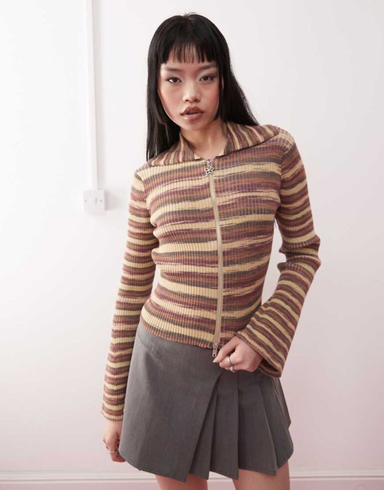 Monki spacedye zip through cardigan in brown and yellow stripe-Multi
