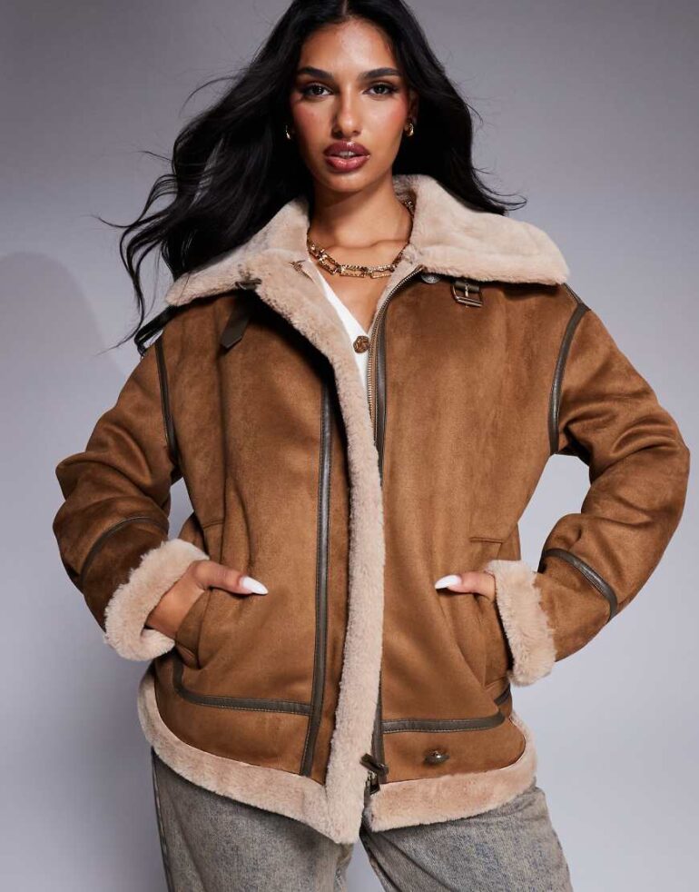 Morgan faux suede shearling jacket in tan-Brown