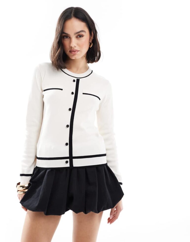 Morgan knit button through cardigan with contrast trim in cream-White