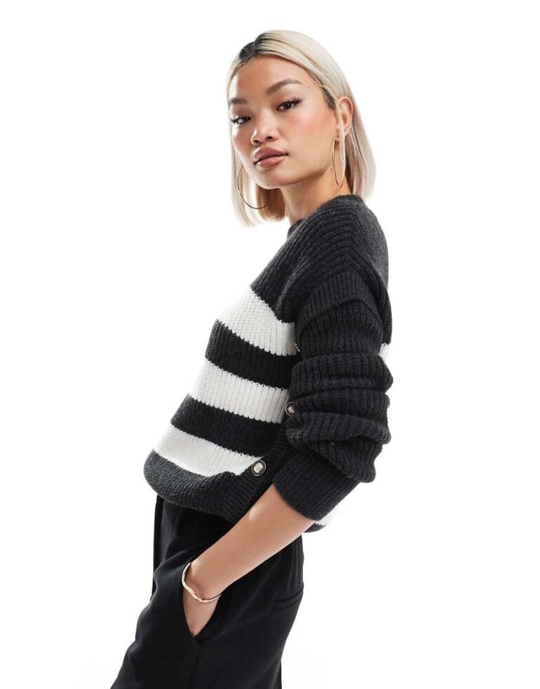 Morgan knit jumper with button side detail in mono stripe-Multi