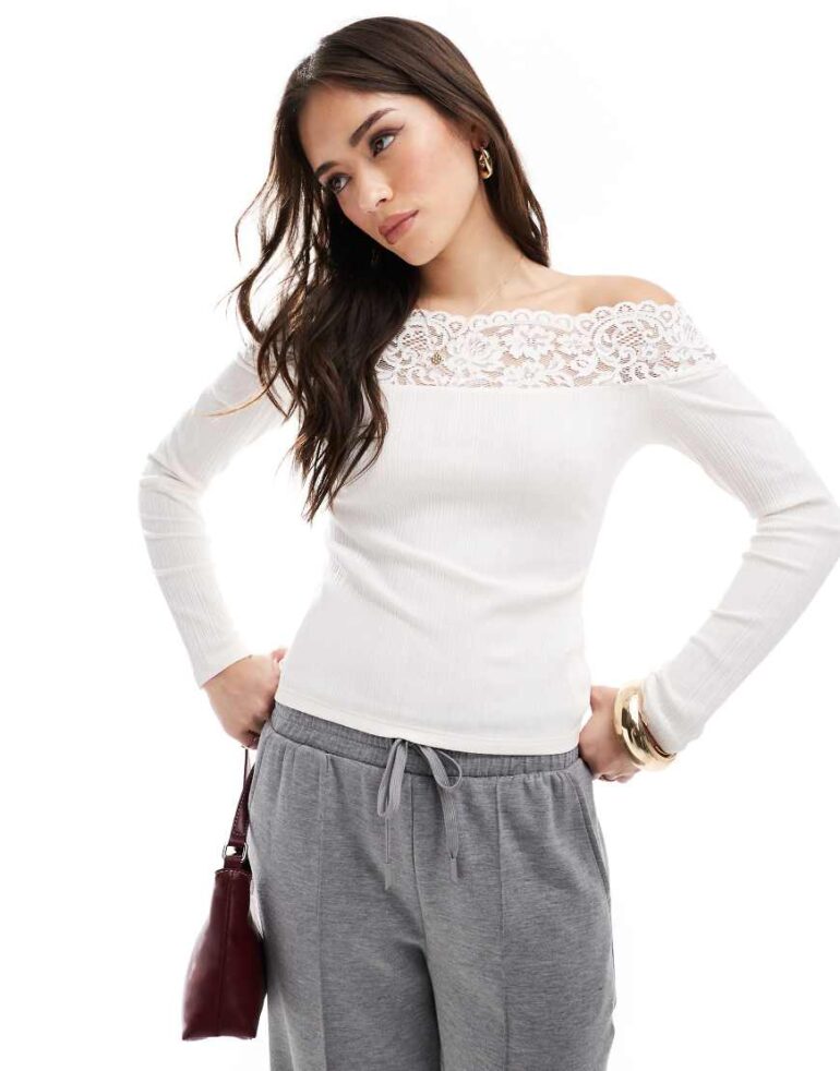 Morgan lace trim fine rib bardot long sleeve top in cream-White