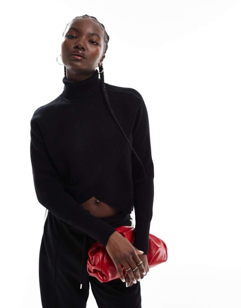 Morgan ribbed knit roll neck wrap front detail jumper in black