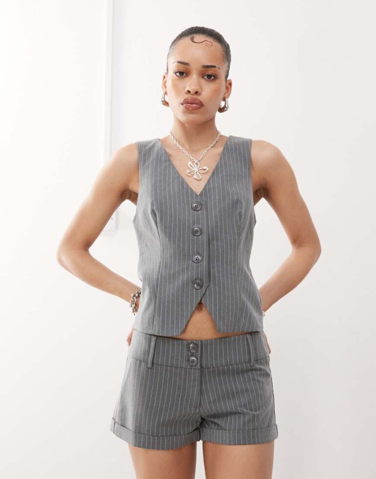 Motel luno button front waistcoat co-ord in pinstripe grey
