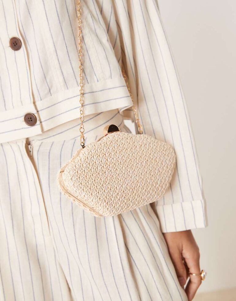 My Accessories crochet shell clutch bag with crossbody chain strap in off white