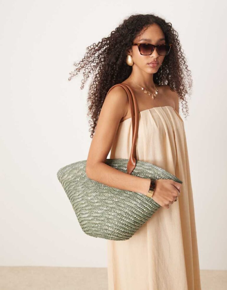 My Accessories large straw tote bag with contrast strap in olive green