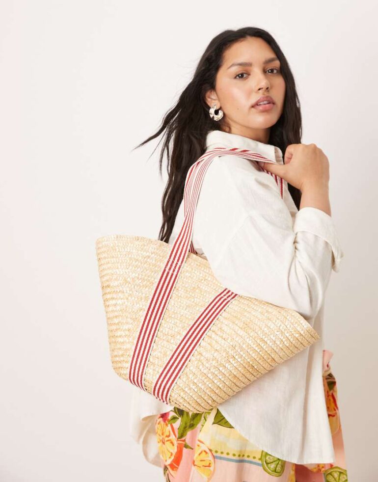 My Accessories medium straw tote bag with contrast stripe straps in beige-Neutral
