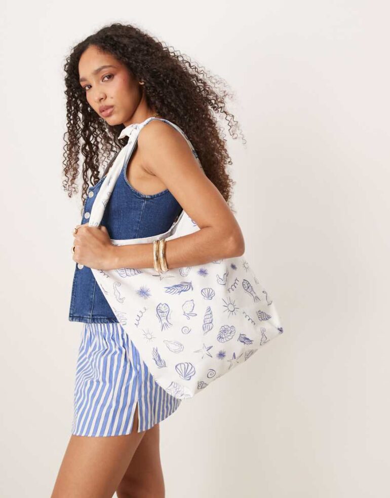 My Accessories nautical print tote bag in white and blue
