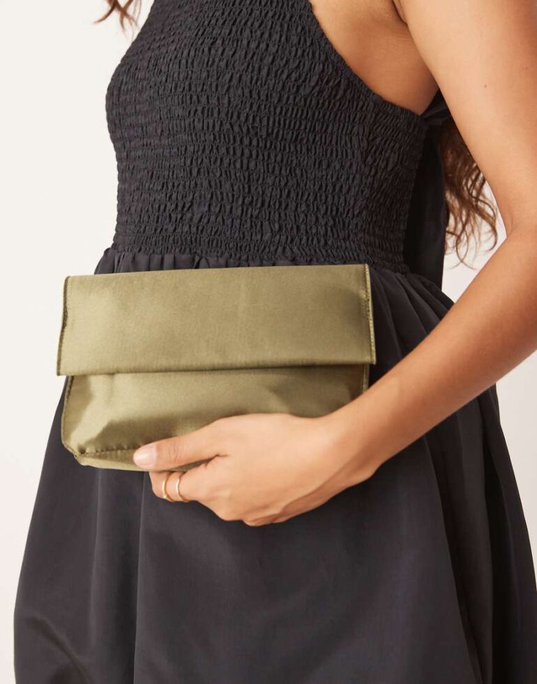 My Accessories satin roll top clutch in olive green