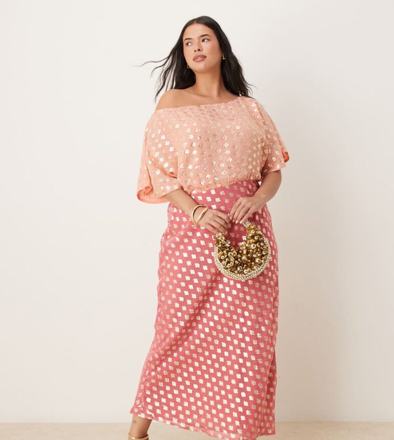 Never Fully Dressed Plus Tilly off shoulder metallic maxi dress in contrast pink