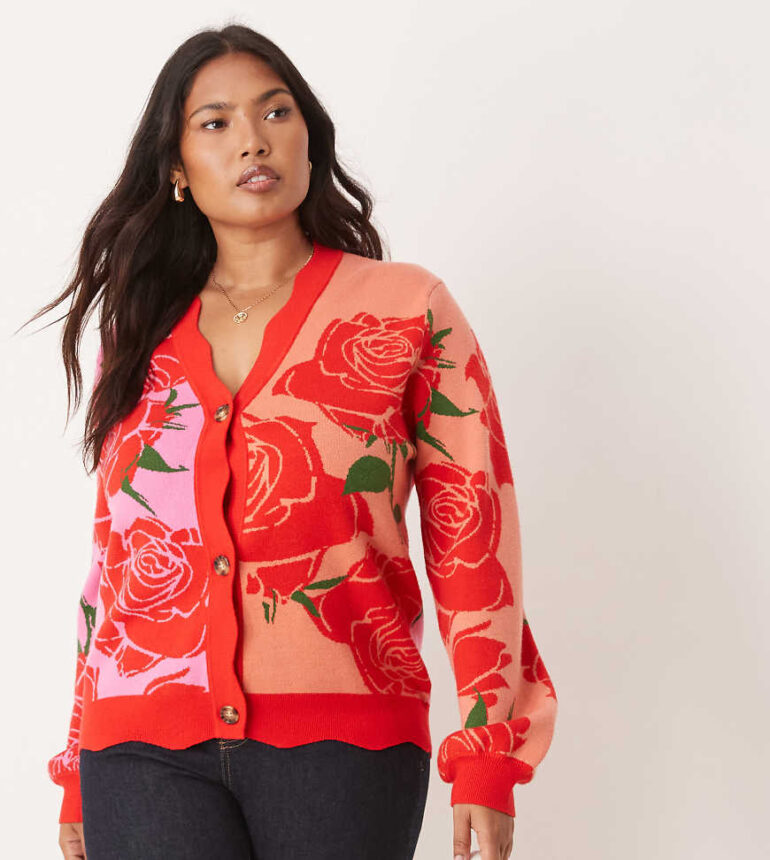 Never Fully Dressed Plus knitted rose contrast cardigan in pink and red