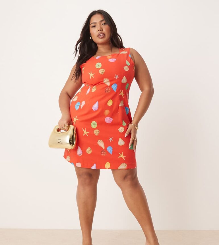 Never Fully Dressed Plus rainbow shell print mini shift dress in red
