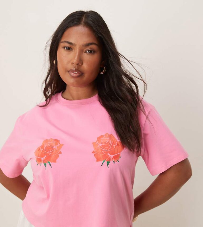 Never Fully Dressed Plus rose print baby tee in pink and red