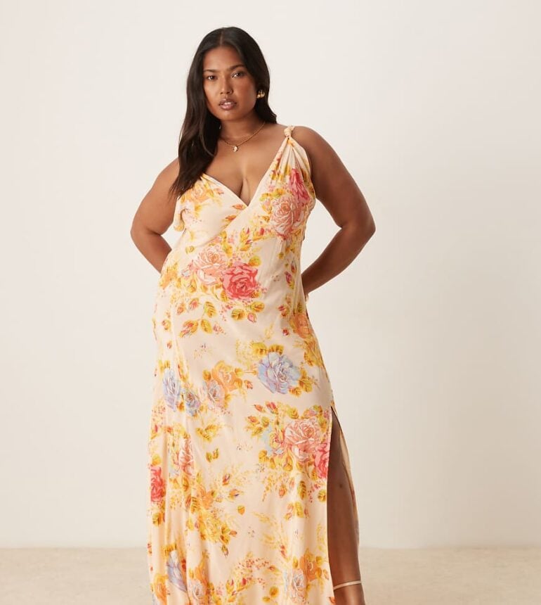 Never Fully Dressed Plus satin slip dress in floral print-Multi