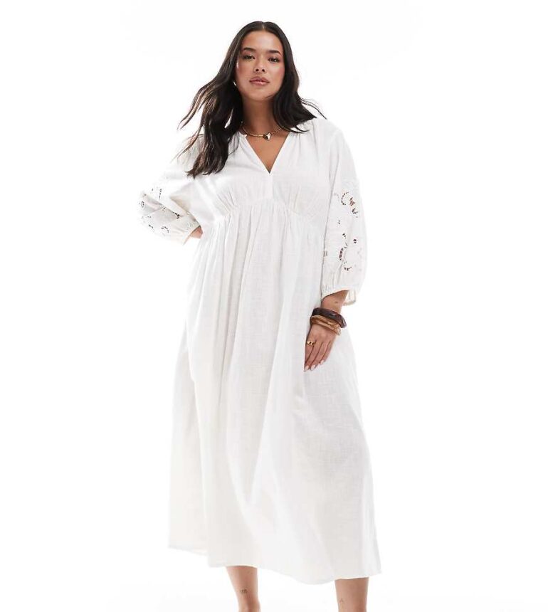New Look Curve broderie sleeve smock midi dress in white