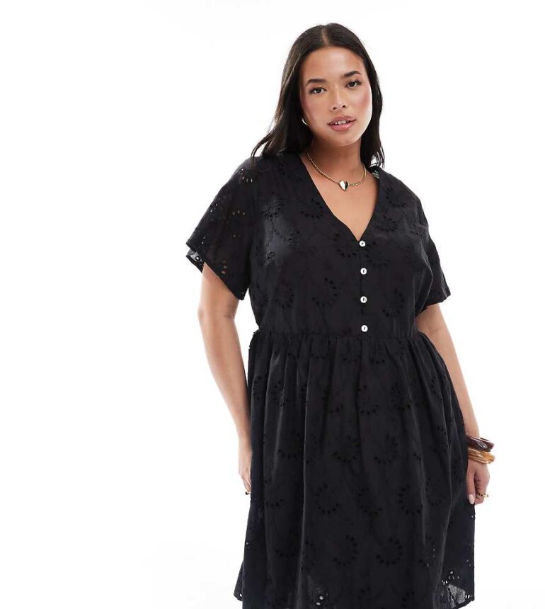 New Look Curve broderie smock mini dress in black